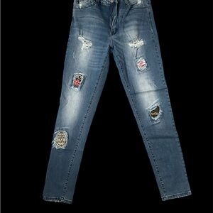 KanCan Blue Skinny Jeans with Distressed Patches